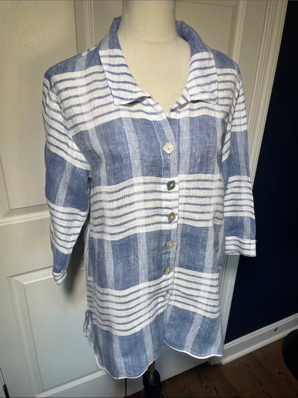 Habitat Blue and White Linen Striped Button-Down Tunic Shirt Size‎ Medium